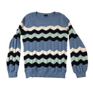Talbots‎ Sweater Women's Medium Blue Wave Stripes Knit Long Balloon Sleeve